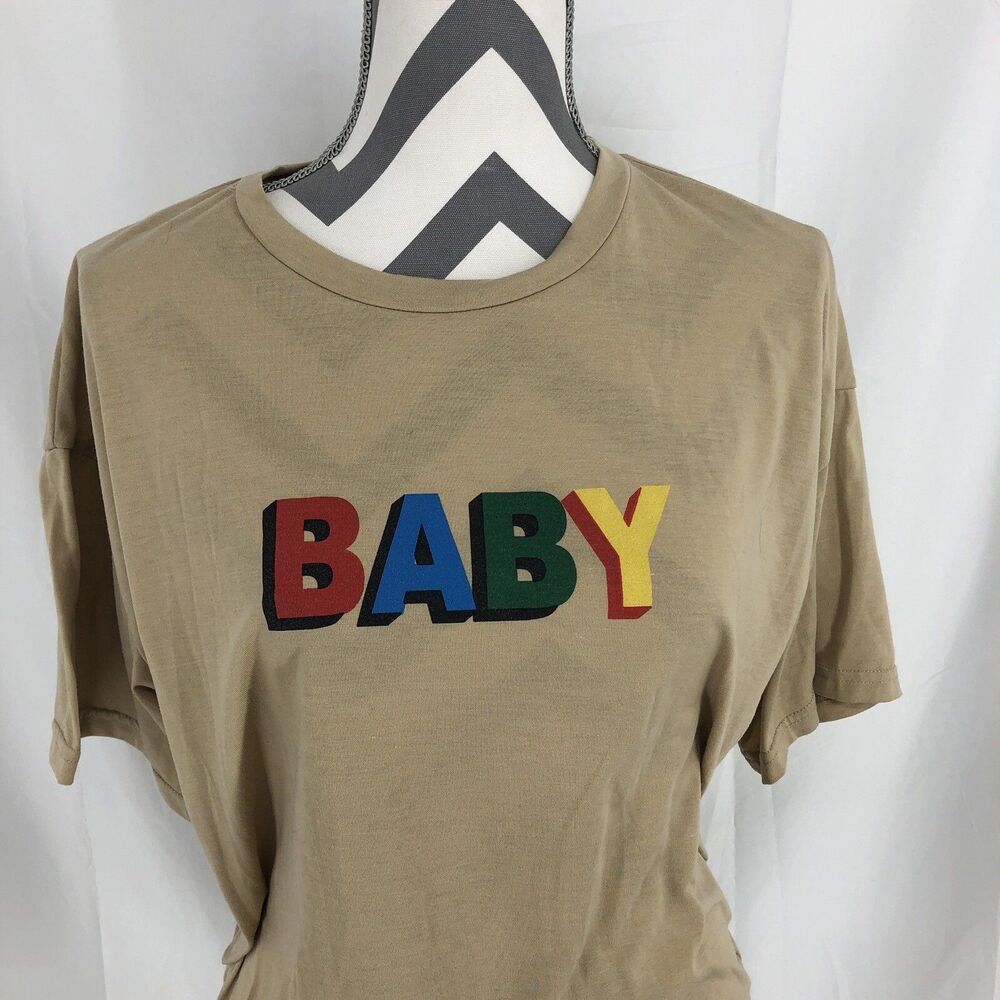 SHEIN Tan BABY Spell Out Red Blue Green Yellow Oversized T Shirt Medium